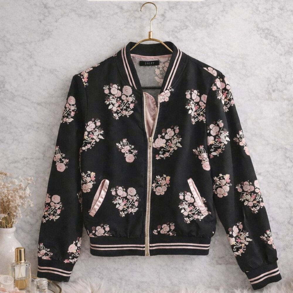 Shift Floral Bomber Jacket Black Pink Satin Trim Zip Up